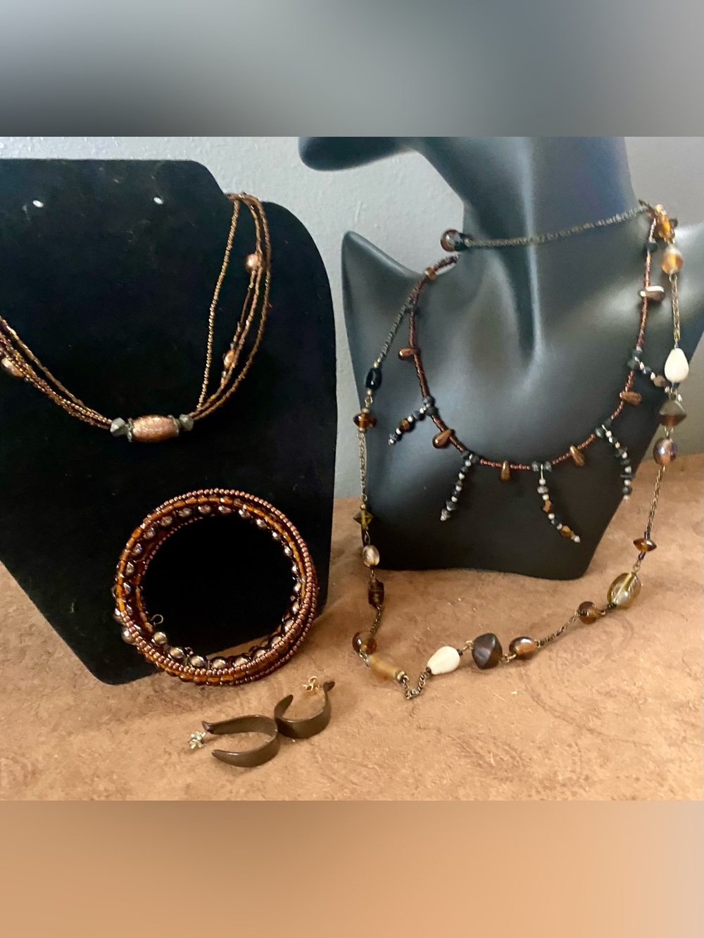 Handcrafted Boho Warm EarthTones bronze & metallic Beaded Necklaces & Bracelet